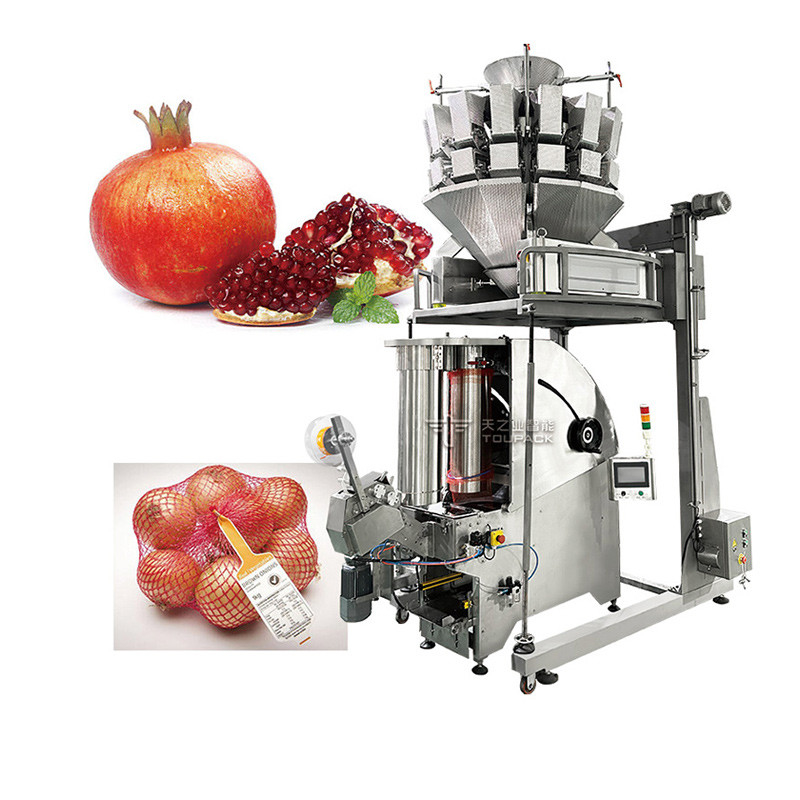 10 Kopf Mehrköpfige Waage Kartoffel Zwiebelnetz Tasche Verpackungsmaschine mit Etikett Tag Frucht Kombination Waage Produktionslinie