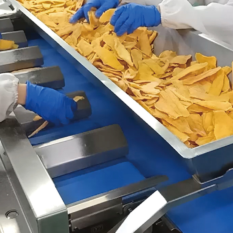 Trockene Mango Automatische Mehrstation Gürtelfördermaschine Aquatische Meer Gurke Fischfillet Tischplatte Zielgewicht Gegengewicht Maschine