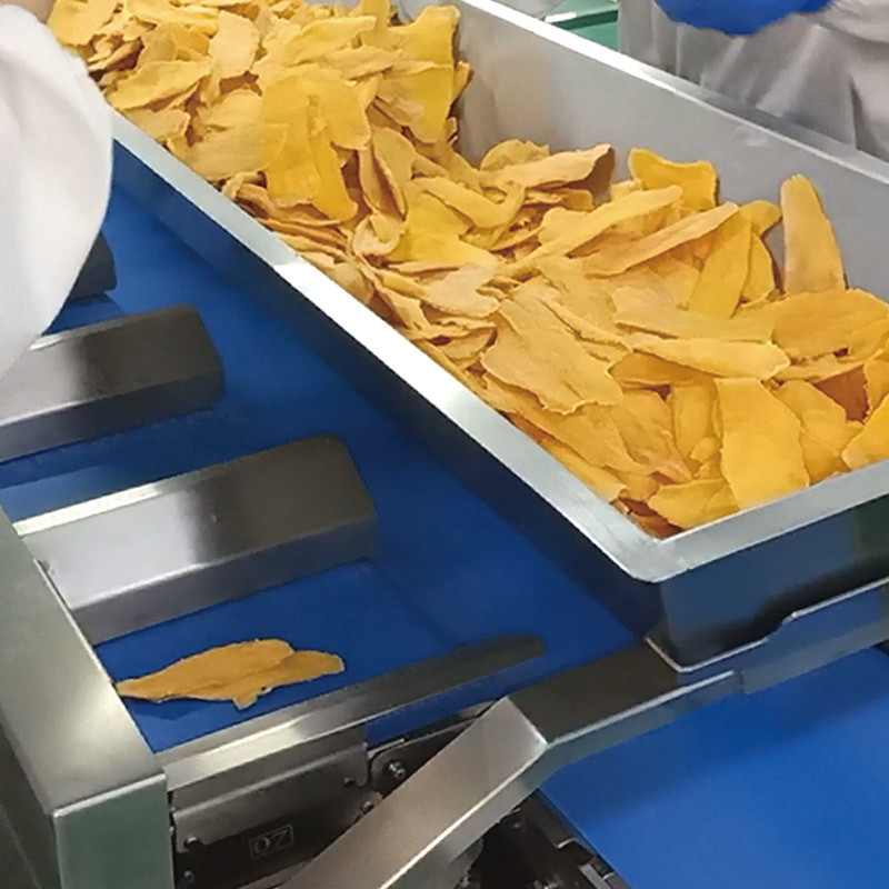 Trockene Mango Automatische Mehrstation Gürtelfördermaschine Aquatische Meer Gurke Fischfillet Tischplatte Zielgewicht Gegengewicht Maschine
