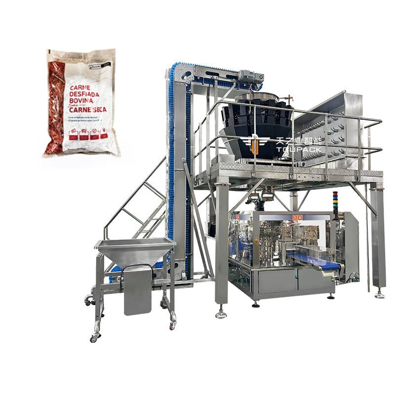 Spezialisierte effiziente Dehydrierte Rindfleisch Nuggets Quantitative Beutel Verpackungsmaschine bereit zum Essen Lebensmittel Rindfleisch Mehrköpfige Wieger