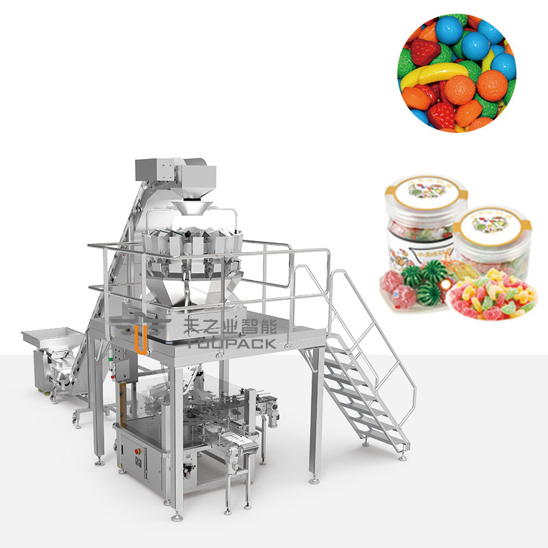 Automatische Verpackung Harter Süßigkeiten Gummizucker Rundflasche Plastikkrug Füllkappe und Verpackungsmaschine