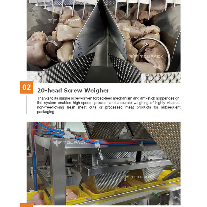 All-in-One automatisierte Schalenentleerungs- und Befüllanlage mit hochpräziser Schrauben-Kombinationswaage für klebriges Fleisch