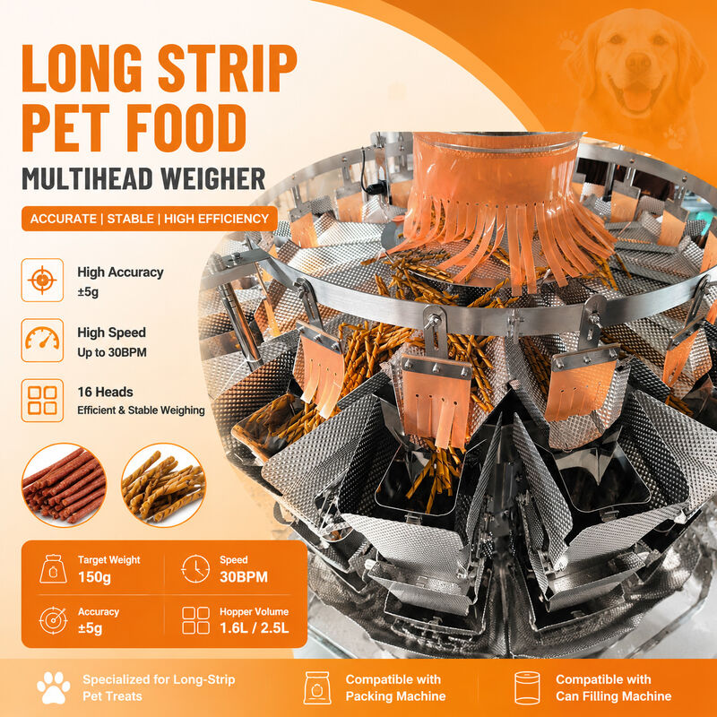 Hundefutter-Verpackungsmaschine | Spezialisierte Mehrkopfwaage für langformatiges Jerky & Kauknochen mit Anti-Verstopfungs-Funktion